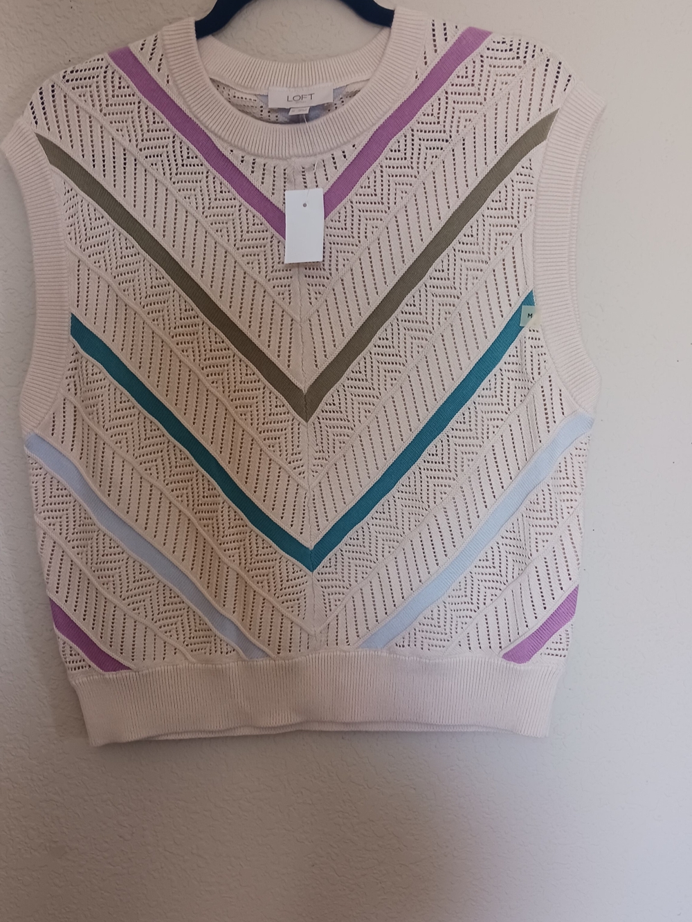 LOFT Cream Pointelle Chevron Knit Sleeveless Top with Multicolor Stripes